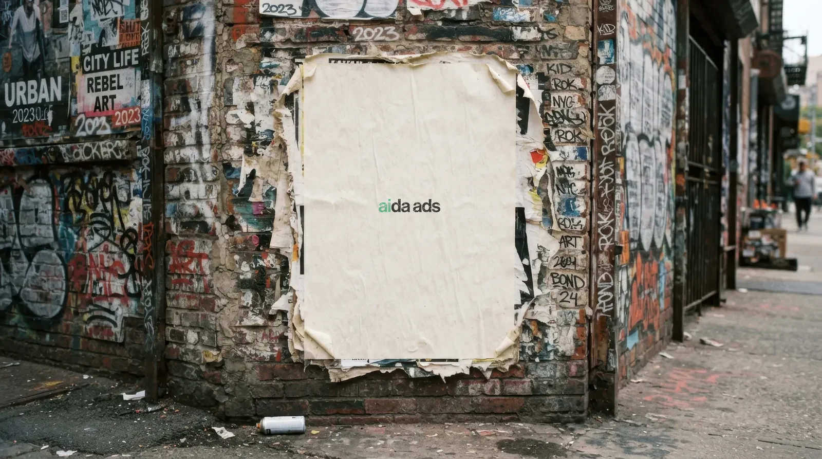A poster with the aida ads logo on a wall covered in graffiti