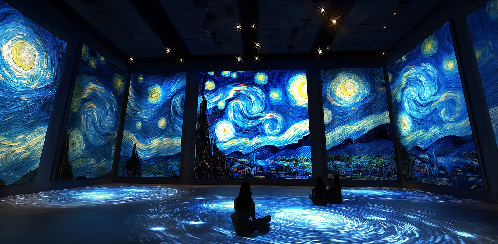 Visitors sitting in an immersive exhibition with Van Gogh's Starry Night projected on every wall and the floor.