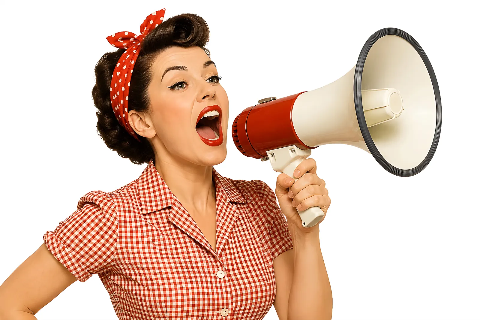 Woman with a fifties hairdo and a checked blouse shouting into a megaphone.