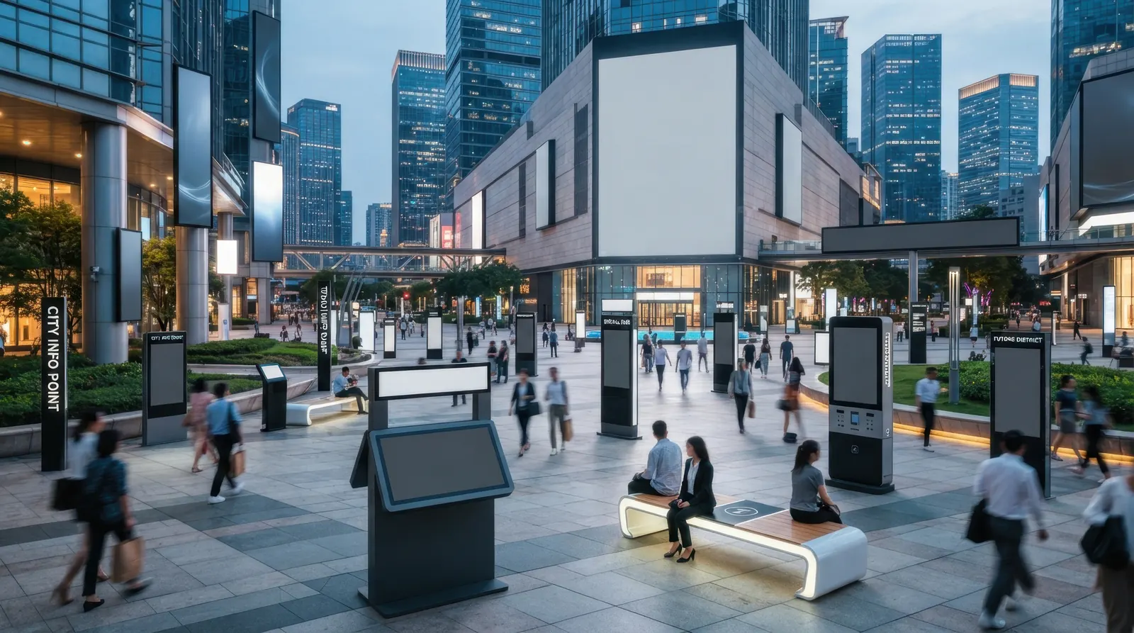 Modern city square with empty advertising screens, passers-by and people on a bench.