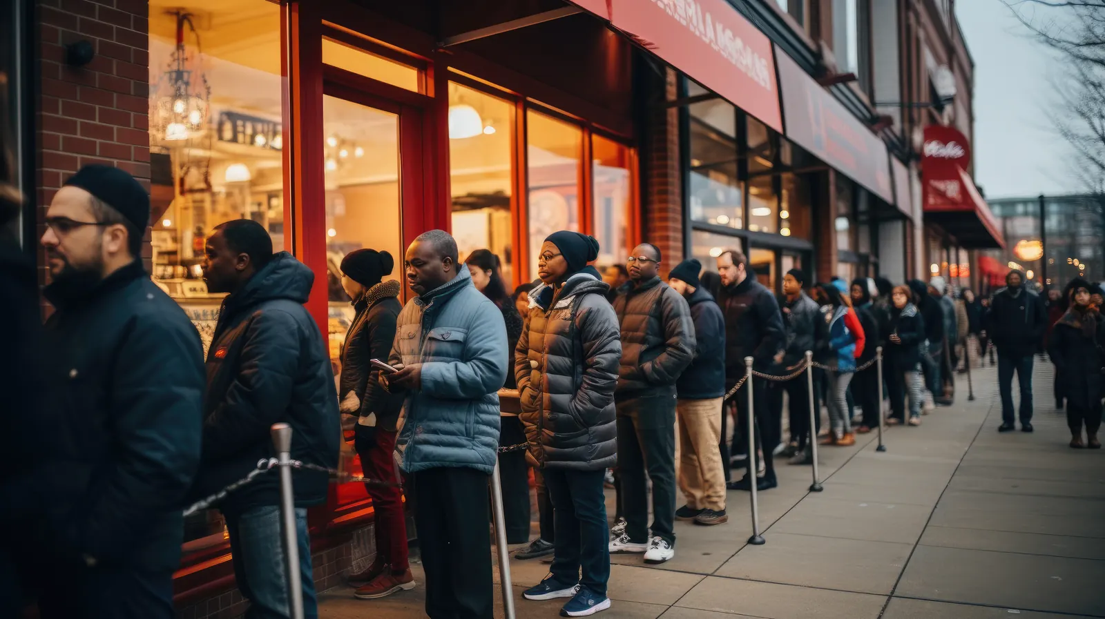 A long queue of people in winter coats waiting on the pavement for the shop to open.