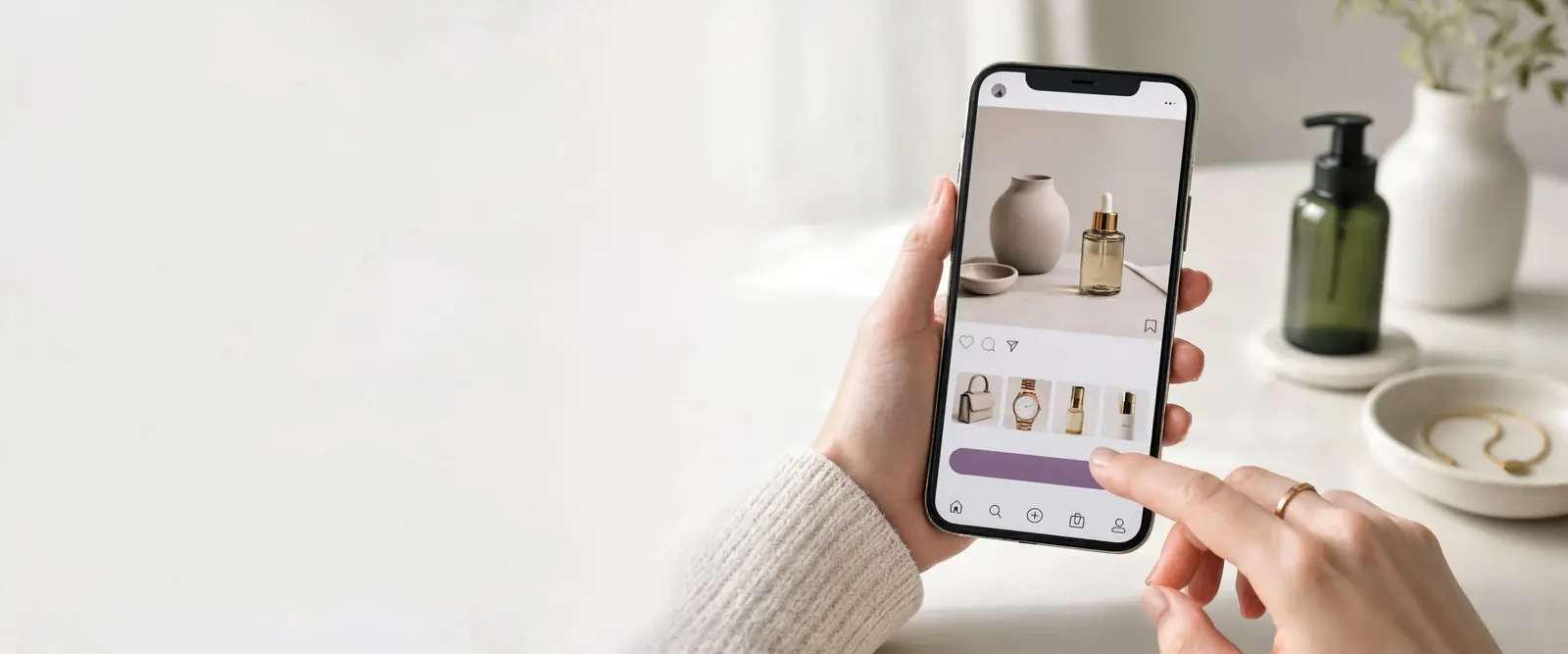 Hands scrolling through a feed of skincare products on a phone.