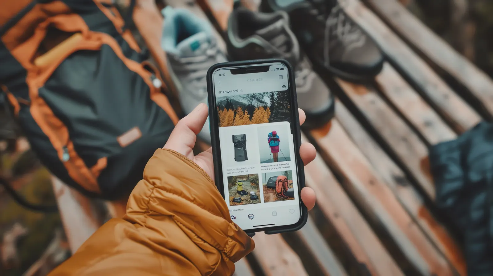 A hand in an orange sleeve holding a phone with a shopping app above a wooden bench.