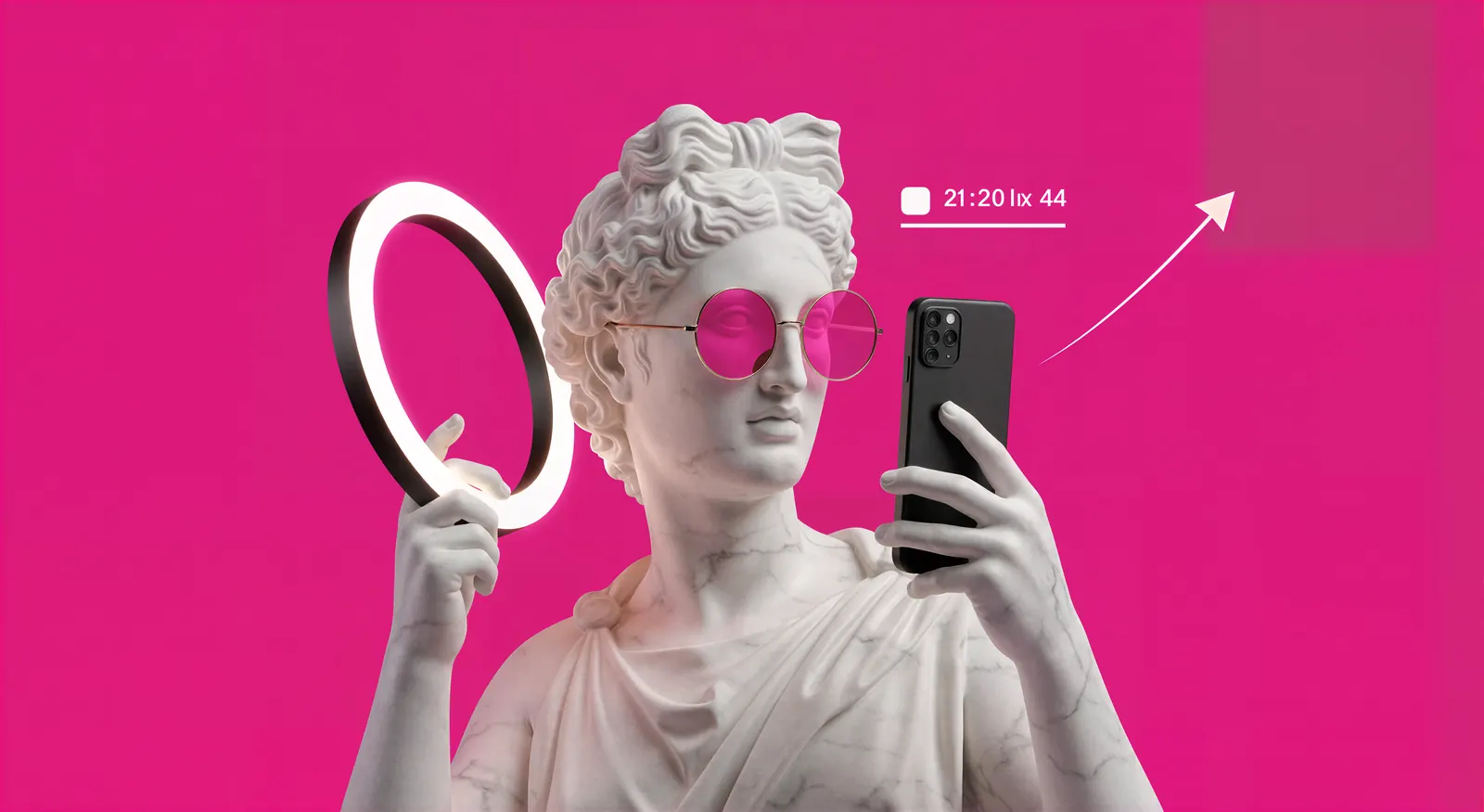 Classical statue in pink sunglasses taking a selfie with a ring light against a bright pink background.